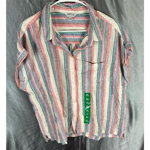 Women Orvis XL Striped Button Down Shirt Short Sleeve Lightweight Casual Blouse - Picture 4 of 9